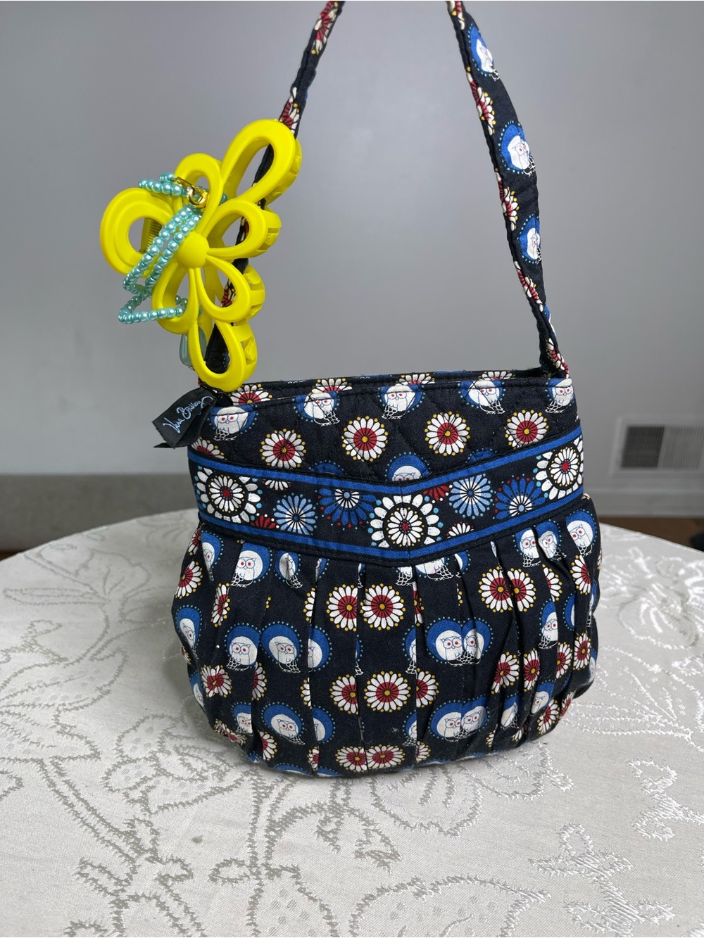 Vera Bradley Black Floral Quilted Shoulder Bag with Yellow Charm